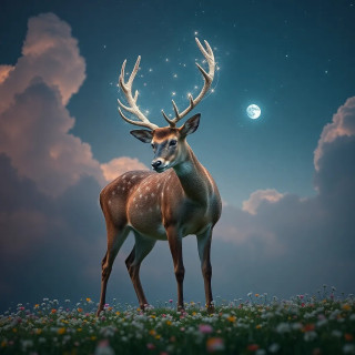 A celestial deer with antlers made of starlight, grazing on astral flowers in a dreamy nebula meadow.