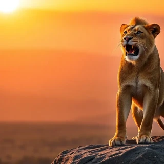 “Simba atop Pride Rock at sunrise letting out his first mighty roar, dust swirling from the savanna, golden light rays, proud determination”