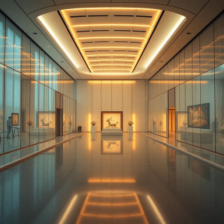 A futuristic art museum interior, ultra-detailed, glowing ambient lights, sleek architecture with glass walls, calm atmosphere, soft pastel tones, in a cinematic style