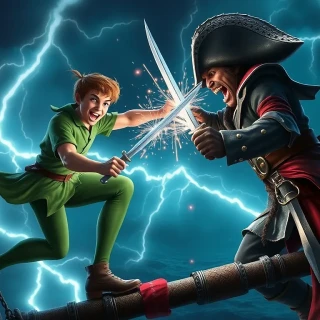“Peter Pan dueling Captain Hook on a masttop during a lightning storm, blades clashing with sparks, bold grin vs. snarling rage”
