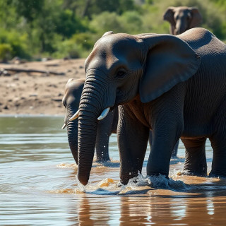 Baby elephants splashing in a watering hole, dust and water droplets catching the light.