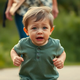 Little child crying and running after his mother