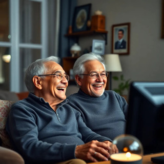 old couple laughing and watching tv