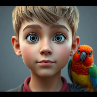 A very beautiful 10 years old boy with grey eyes,  a colorful bird on his shoulder