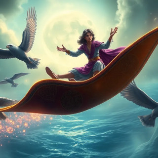 Aladdin rides the magic carpet and flies over the sea, eagles are following him.