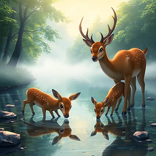 A family of deer drinking from a crystal-clear forest stream, morning fog floating above the water.
