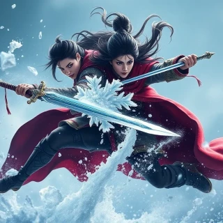 “Mulan in mid-leap deflecting avalanche debris with her sword, snow plume exploding around her, crimson cape billowing, fierce resolve in her eyes”
