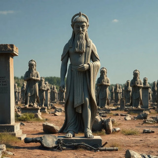 A graveyard of forgotten gods: crumbling statues weep liquid shadow, and the wind carries prayers in a language no one speaks anymore.