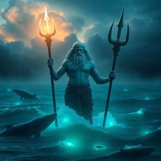 A majestic Poseidon emerging from a bioluminescent ocean, glowing trident, storm clouds swirling above, whales and sea creatures around him, photorealistic and epic composition