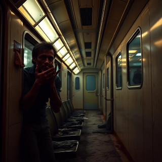 Zombie outbreak in a subway tunnel, last survivor hiding behind a train seat, rotting hands clawing through the windows.