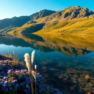 “Crystal-clear alpine tarn rimmed with flowering water forget-me-nots, purple marsh saxifrage, and white cotton grass tufts swaying in high-mountain breeze, sweeping 16 mm vista, photographic”