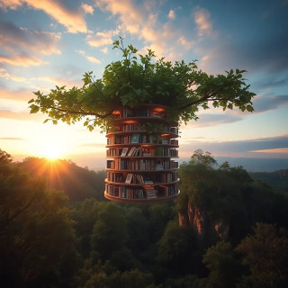 A floating library in the sky, where books grow like leaves on trees, glowing under a twilight sun, hyper-detailed, dreamy atmosphere.