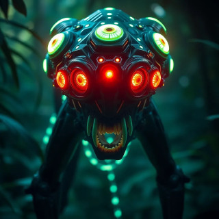Highly detailed portrait of a bioluminescent alien predator with six eyes and razor-sharp fangs, lurking in a jungle, unreal engine style.
