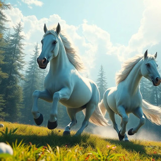 2 white horses running in the forest in a sunny day.