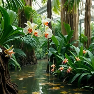 “Steamy tropical wetland conservatory featuring rare Amazon ghost orchid (Dendrophylax lindenii) clinging to soaked cypress bark, sprays of jewel orchid foliage, and misty bromeliad clusters, back-lit, photographic”