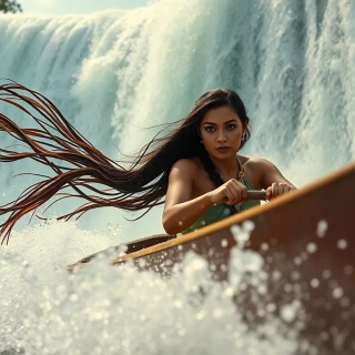 “Pocahontas racing a cascading waterfall in her canoe, wind ribbon streaming, splash detail, fearless exhilaration”