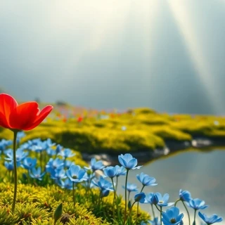 “Hidden Himalayan valley pool carpeted by Meconopsis blue poppies on mossy banks, rare scarlet primula sikkimensis edging waterline, misty dawn rays, photographic”