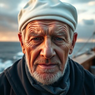 A close-up portrait of an elderly sailor with deep wrinkles, stormy ocean in the background, golden-hour lighting, ultra-realistic 8K