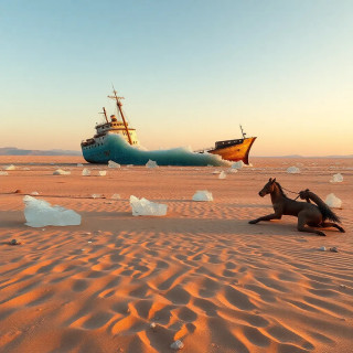 A desert of frozen waves: sand turned to glass by an ancient heat, with shipwrecks suspended mid-crash.