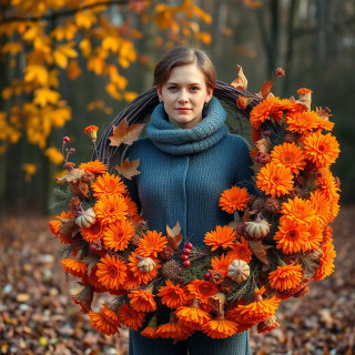 A cozy autumn wreath with orange marigolds, dried leaves, and berries, warm golden lighting.