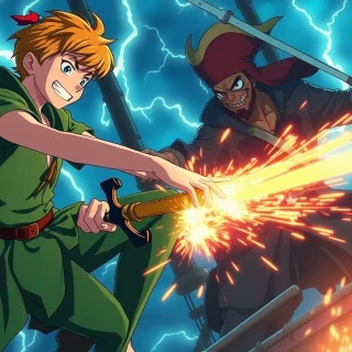 “Peter Pan dueling Captain Hook on a masttop during a lightning storm, blades clashing with sparks, bold grin vs. snarling rage”