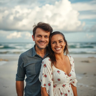 Happy couple in the beach, oil pinting