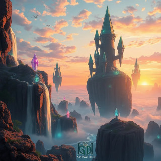 A surreal dreamscape of floating islands with waterfalls, fantasy art style, vibrant colors, glowing crystals, sunset sky, imaginative and whimsical tone