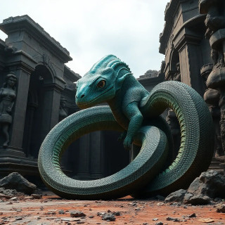 A colossal, serpentine alien wrapped around a ruined alien temple, its scales shifting colors like a chameleon, epic scale.