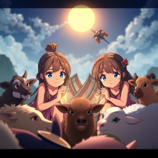 3 Little girls playing in the year 500 BC, realistic, domestic animals around the 3 girls
