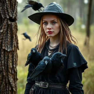 A cybernetic witch who weaves code into curses, her familiar a swarm of glitching pixel-crows.