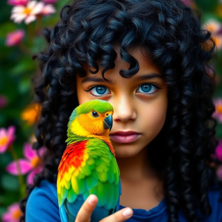 A very beautiful 11 years old girl, long curly black hair with blue eyes, a colorful bird on her hand, background: flowers