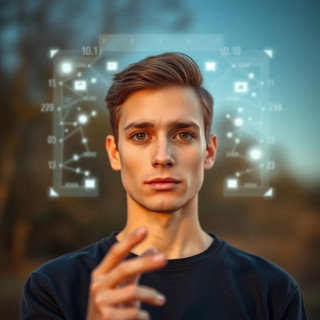 A user interface projected into mid-air, with a user using eye movement or finger gestures to navigate. The UI is clean, layered, and reacts fluidly, visualized with light particle effects and motion blur to show responsiveness — high-detail sci-fi art style.