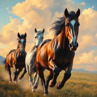 horses running in nature, oil painting
