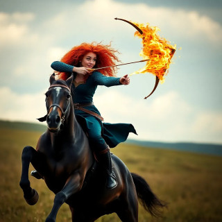 Merida loosing a flaming arrow that splinters a target mid-gallop, stallion rearing, her hair a wild crimson blaze, fierce independence