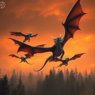 5 Dragons flying in orange grey sky, dense forest,  2 millions years before.