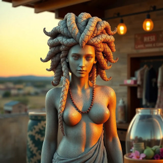 Medusa running a hair salon, offering stone braids that shatter into rose petals at sunset.