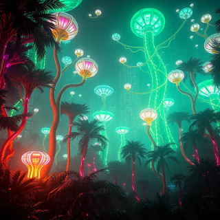 A glowing alien jungle with towering bioluminescent trees, floating seed pods, and neon vines that pulse with light, inspired by Pandora’s flora, ultra-detailed 8K.