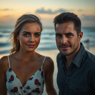 australian couple walking in the beach, full background view