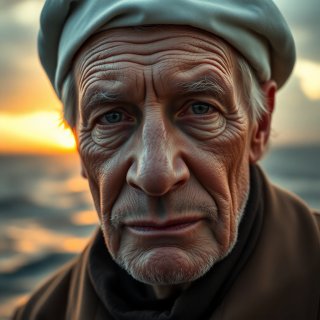 A close-up portrait of an elderly sailor with deep wrinkles, stormy ocean in the background, golden-hour lighting, ultra-realistic 8K