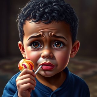 boy with round face is crying, 1 year old, brown skin, short curly hair, brown eyes, wearing dark blue pajamas, holds a lollipop in his hand