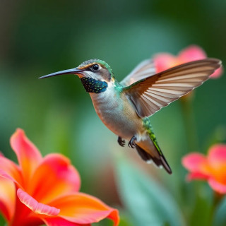 A hummingbird hovering near vibrant tropical flowers, bokeh light effects in the background.