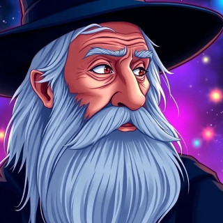 An elderly, light-skinned male wizard, likely of Middle-earth lore, is depicted in a stylized portrait.  He is in his late adult or elderly years, with a long, flowing, light blue-gray beard and hair.  He wears a dark-blue wide-brimmed hat. His expression is contemplative and wise, with a thoughtful gaze directed to the side, not directly at the viewer.  The subject's profile view emphasizes his strong jawline and features. He has prominent wrinkles around his eyes and mouth, suggesting his age. His attire is dark, possibly a robe or cloak underneath the hat.  The setting is a night sky filled with vibrant, glowing, colorful lights, like stars and sparks.  The background is a mix of deep blues, purples, and pinks, with light sources appearing to illuminate the wizard's face and hair. The lighting is dramatic and highlights the wizard's face and long hair. The style is illustrative, with bold outlines and vibrant color gradients, hinting at a fantasy or magical theme.  The image is in a three-quarter profile view, with the subject positioned slightly off-center to the left side of the frame.  The composition is focused on the wizard's face and emphasizes his wise and powerful presence.