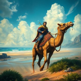 Ancient traveler riding his camel in the beach