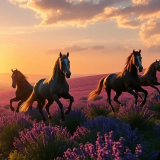 “Wild horses galloping across rolling lavender fields in Provence, long shadows, sun just kissing horizon, motion blur on hooves, photographic, panoramic view”
