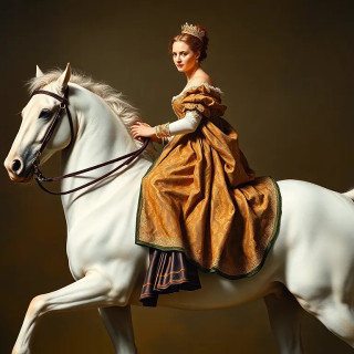 Princess of Sweden in full body riding a white horse, oil painting