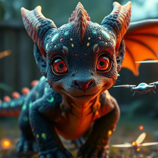 A playful dragon-puppy hybrid with bioluminescent spots, chasing firefly-like drones in an alien backyard.