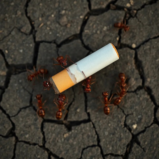 A group of ants working together to carry a large cigarette, top-down macro shot, highly detailed texture on the ants and cigarette, realistic lighting and shadows, cracked earth background, the cigarette appears huge compared to the ants, documentary-style photography