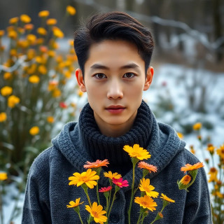 korean man in nature by winter.