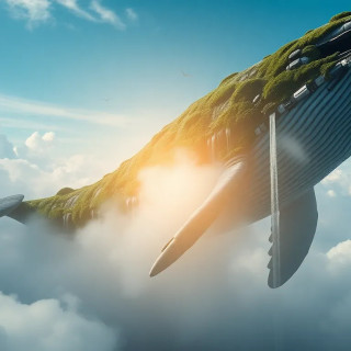 Colossal whale floating in the clouds, covered in moss and waterfalls, airships circling like tiny birds.