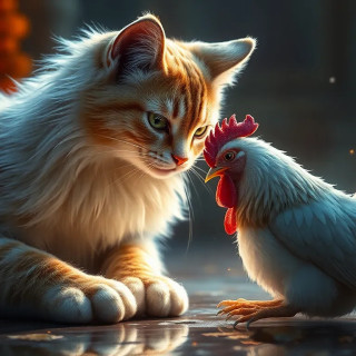 beautiful cat playing with a chiken